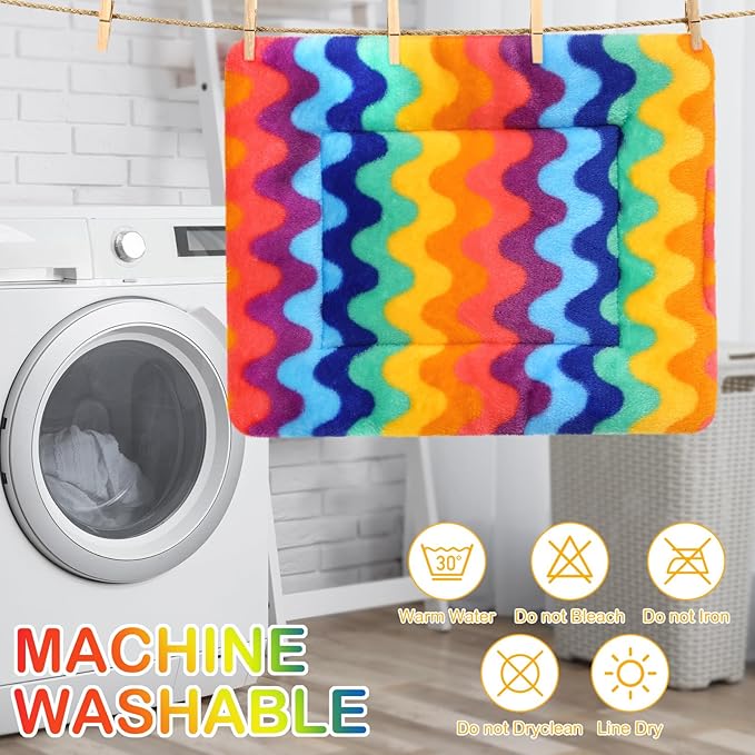 Haull 4 Pcs Waterproof Guinea Pig Bedding Winter Guinea Pig Bed Plush Cage Liners Soft Dog Cat Mat Reversible Winter Cozy Animal Pee Pad Hamster Bed Mat for Bunny (Rainbow,13 x 10 Inch)