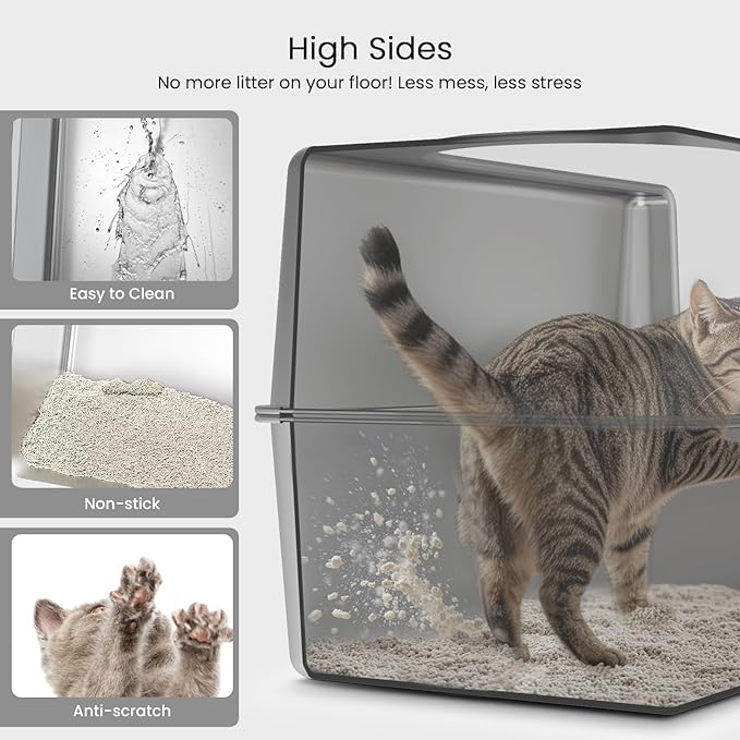 Enclosed Stainless Steel Cat Litter Box with Lid, Metal Litter Box for Big Cats, Extra Large Cat Toilet with High Side, Non-Stick, Anti-Leakage, Odorless, with Cats Litter Mat & Litter Scoop