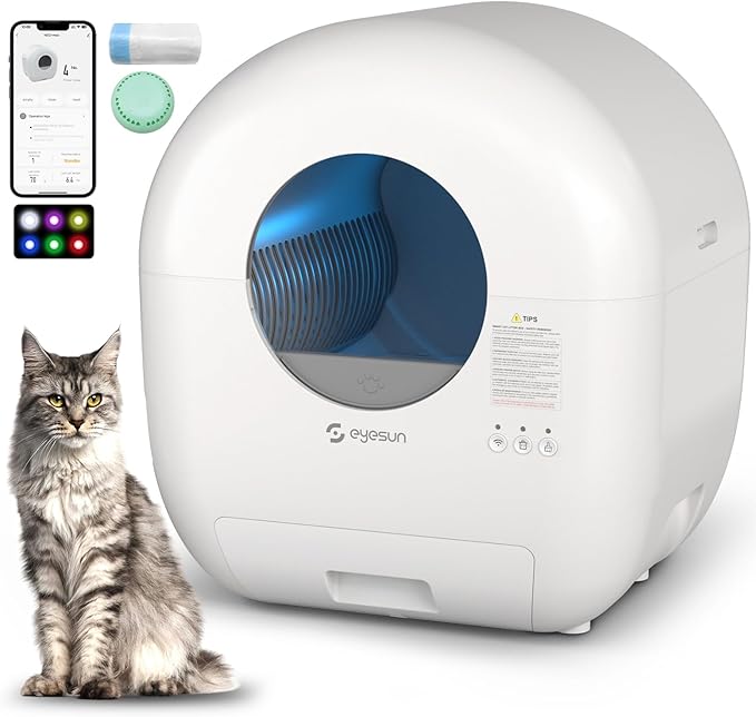 Self Cleaning Litter Box,76L Automatic Cat Litter Box Self Cleaning with APP Control,Low Noise,Safety Protection,Roll Garbage Bags,Deodorizer and Cleaning Brush for Multiple Cats
