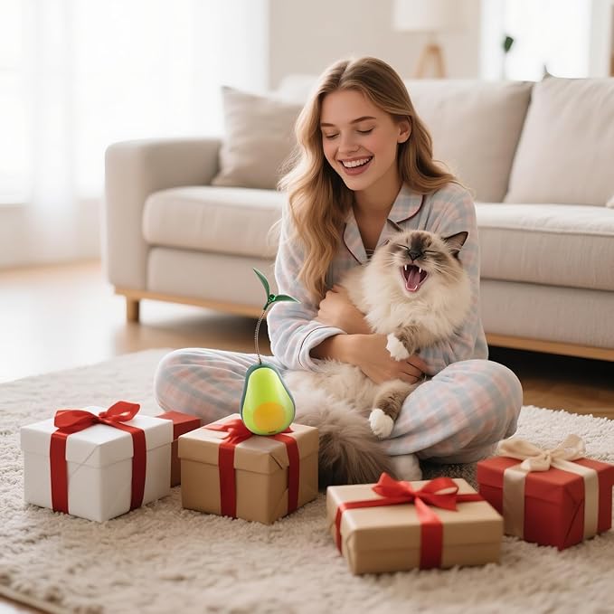 Cat Toys for Indoor Cats, Cat Puzzle Feeder, Cat Treat Ball with Tumbler Design, Holds Catnip Balls, Avocado Styling with Engaging Teaser Wand, Bell Sound, Slow Food Dispenser, for Pets