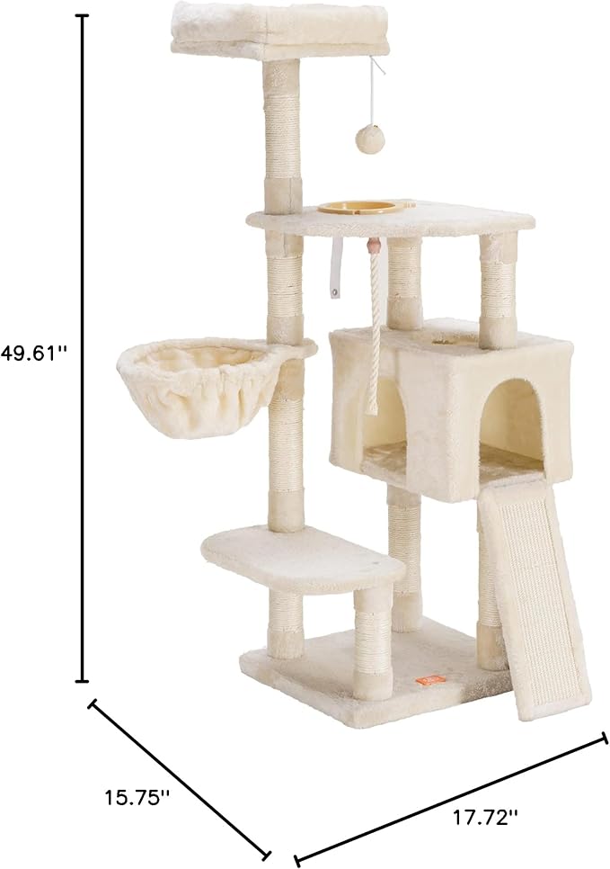 Heybly Cat Tree, Cat Tower for Indoor Cats with Scratching Board, Multi-Level Cat Furniture Condo with Feeding Bowl, Beige HCT010M