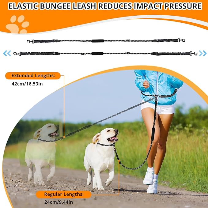 Heavy Duty Hands Free Dog Leash, 10FT Adjustable Handsfree Dog Training Leash with Shock Absorbing Bungee, No Pull Tangle Free Reflective Body Waist Leash for Dog Walking Running