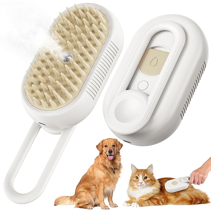 Upgrade Cat Steam Brush, 3 in 1 Pet Steam Groomer Brush, Rechargeable Pet Steam Groomer Comb for Massaging and Cleaning Shedding Pets Hair, Anti-Static Hair Removal Comb for Cats Dogs (White)