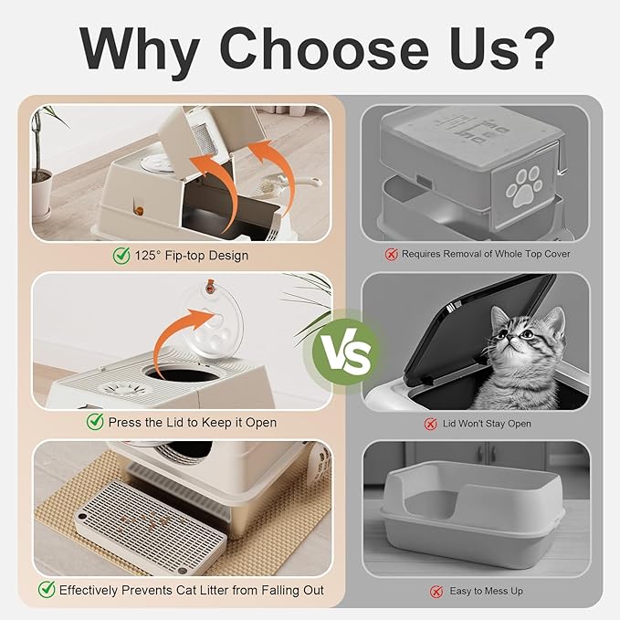 Stainless Steel Cat Litter Box with Lid, XL Extra Large Kitty Litter Box, Enclosed Top Entry Metal Litterbox for Big Cats, Easy Cleaning, Anti-Leakage & High Sided with Mat, Aisle & Scoop, Beige