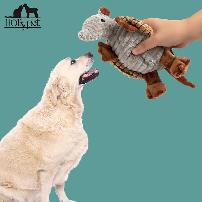 Hollypet Plush Dog Squeaky Toy Stuffed Armadillo Animal Pet Puppy Chew Toys with Clean Teeth for Small Medium Large All Breed Sizes Dogs, Light Brown, 8 in
