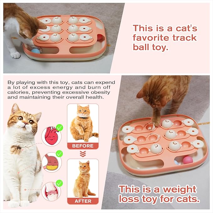 KADTC U.S. Brand & Design All in ONE -2 Levels of Challenge -2 Ways to Play Cat Treat Puzzle Toy & Track Balls for Indoor Cats Puzzles Feeder Kitten Stimulating Enrichment Toy Interactive Game