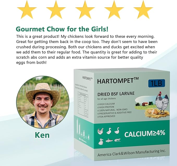 HARTOMPET Better Than Dried Mealworms for Chickens 1 lbs - 85X Calcium Than MealWorms - Non-GMO Chicken Feed Additive & Molting Supplement - black soldier fly larvae Treats for Hens, Ducks, Wild Birds