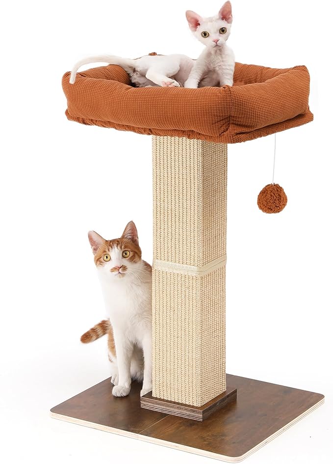 FUKUMARU Cat Scratching Post, Retro-Style Tall Scratch Posts with Perch for Infoor Cats Adults, Large Cat Scratcher Tower with Bed, Natural Sisal & Solid Wood
