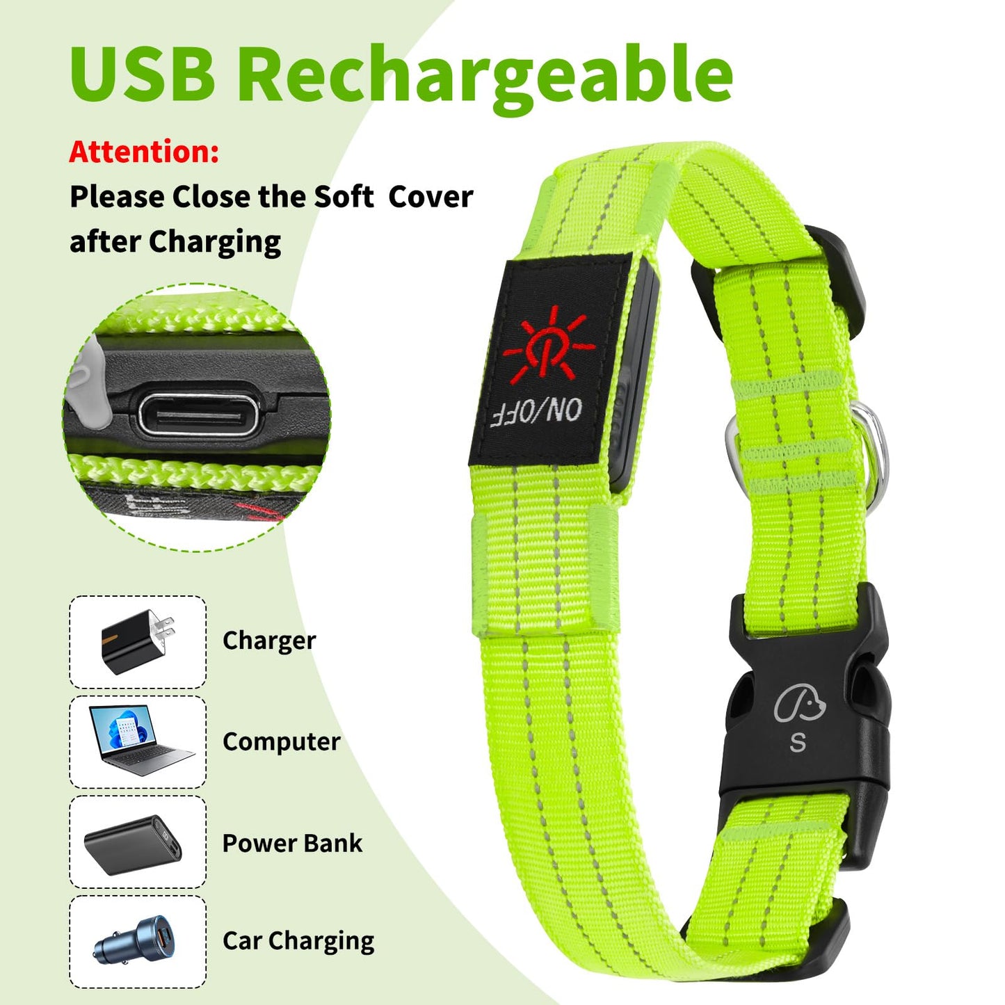 Light Up Dog Collars, LED Dog Collar Light Adjustable USB Rechargeable Super Bright Safety Light Glowing in The Dark Reflective Dog Collar for Medium Large Small Dogs