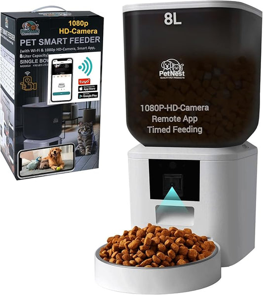 8L Smart Dog and Cat Feeder with WiFi and HD Camera | Automatic Pet Food Dispenser with Tuya App Control, Video Monitoring, Voice Recorder, Night Vision, Timed Feeding|Single Bowl smart Feeder