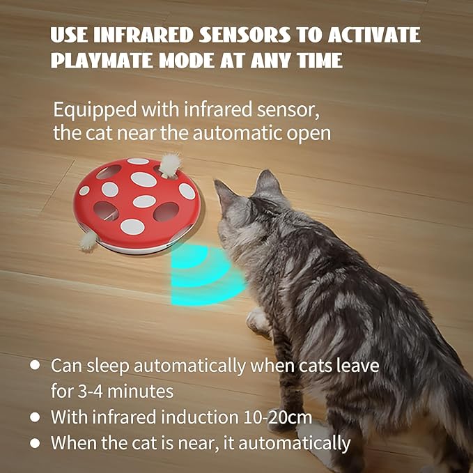 PAKEWAY Interactive Cat Toy, Automatic Cat Toys for Indoor Cats, Feather Toys, Eight Hole Structure and Two Ambush Feather,Infrared Sensor Activated