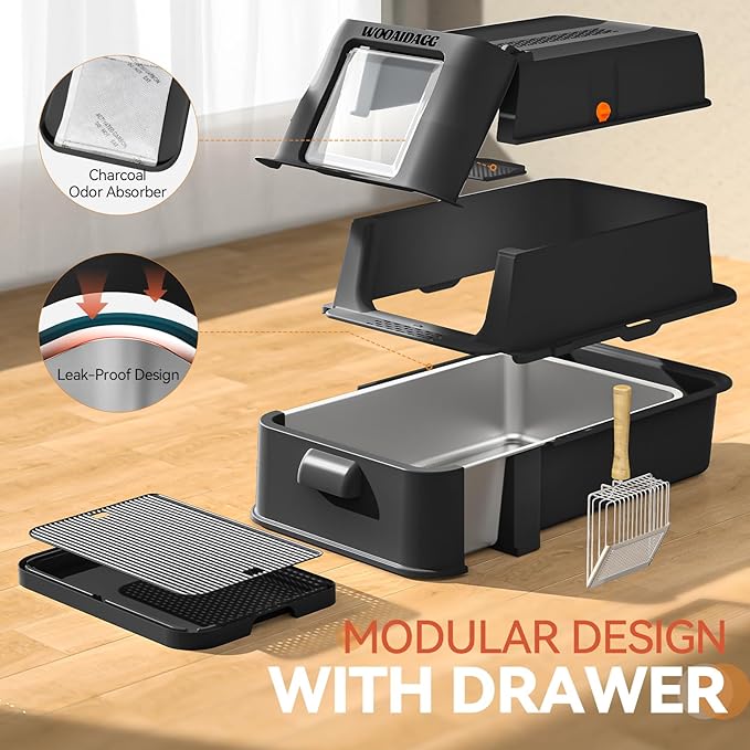 Enclosed Stainless Steel Cat Litter Box with Odor Control, Modular Design with Drawer and Flip Door, Easy to Clean and Wash,Non-Stick Interior,Extra Large Size Fits All Cats(Black)