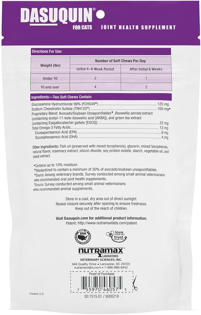 Nutramax Dasuquin Joint Health Supplement for Cats - With Glucosamine, Chondroitin, ASU, Boswellia Serrata Extract, Green Tea Extract, and Omega-3, 84 Soft Chews