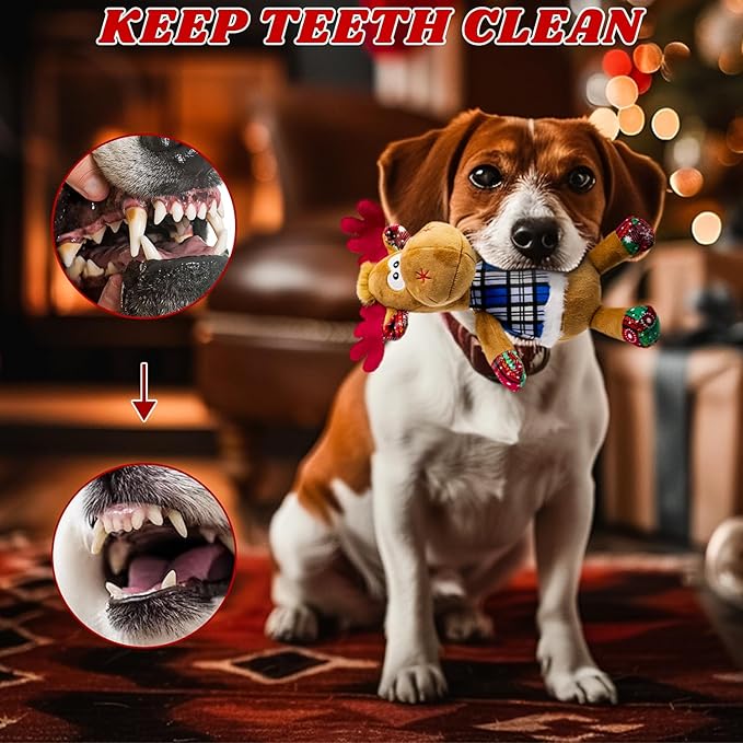 Dog Toys Squeaky Interactive Puppy Teething Chew Toy with Crinkle Sound Paper Tail Stuffed PP Cotton,Keep Them Busy, Large Medium Small Breeds Indoor Play, Christmas Deer