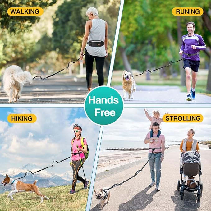Kytely Hands Free Dog Leash with Zipper Pouch, Wide Padded Waist Dog Running Leash, Dual Padded Handles, Retractable Bungee for Walking Jogging Training Hiking