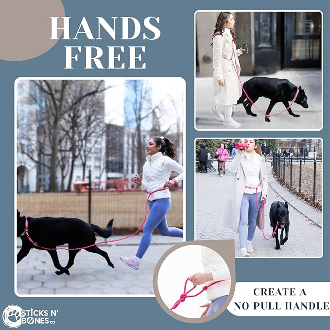 Hands Free Dog Leash, Waist Leash for Dog Walking, Crossbody, Multifunctional, Dog Lead, Running, Pink Adjustable Lead 4.3ft - 7.5ft, Double Lead for 2 Dogs, Dual Handle, Dog Training, 3/8" (10mm).