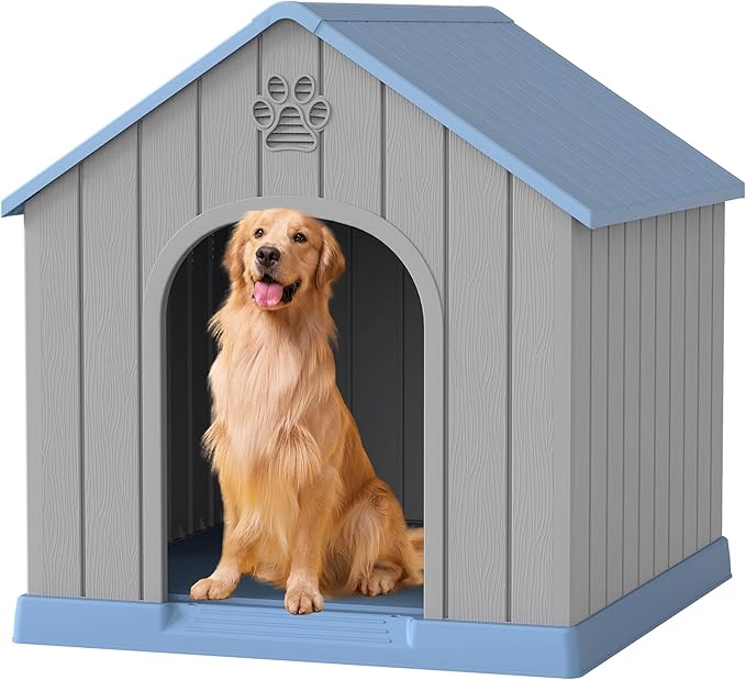 Large Dog House Outdoor Indoor for Medium Large Dogs, Durable Plastic Waterproof Doghouse with Air Vents and Elevated Floor, Easy Clean and Assemble (Blue2, 36.2''L×38''W×38''H)