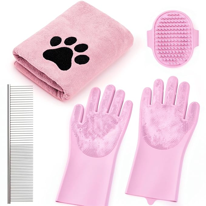 Pet Shower & Bath Supplies,Dog Shampoo Brush Set with Towel, Washing Gloves,Comb for Dogs and Cats (Pink)