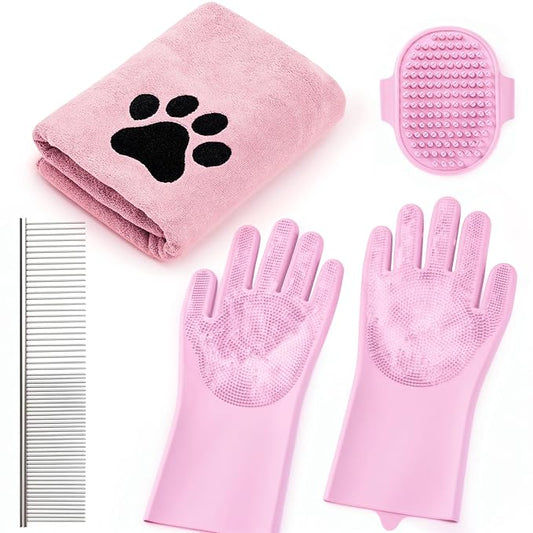 Pet Shower & Bath Supplies,Dog Shampoo Brush Set with Towel, Washing Gloves,Comb for Dogs and Cats (Pink)