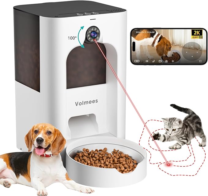 Automatic Cat Feeder with 2K Camera, Laser Tease Pet, 2.4 & 5GHz WiF Pet Feeder for Cat & Dog, Schedule Feeding Pet Food Dispenser w/Camera Rotates Up and Down, Night Vision, 2-Way Audio, 4L