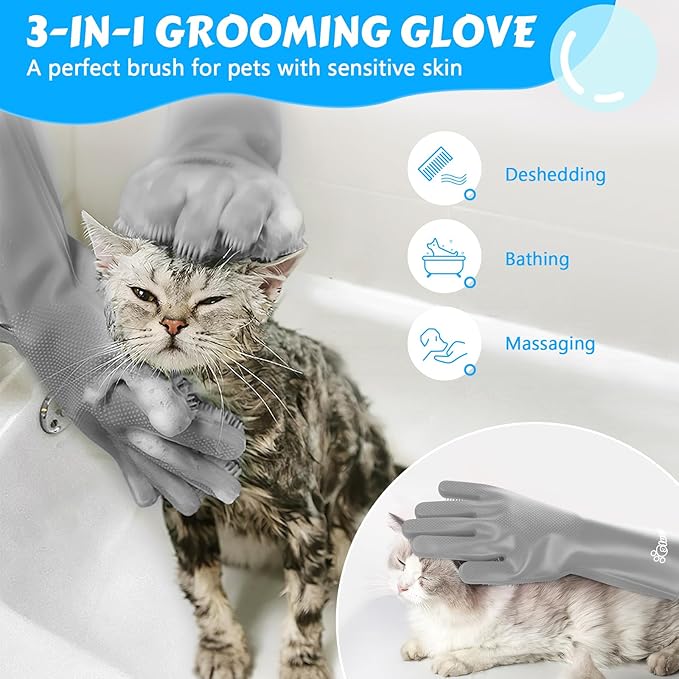 Pecute Pet Grooming Gloves, Large, Gray, Heat Resistant, High-Density Teeth, Silicone Dog Bathing Gloves with Enhanced Five Finger Design, for Washing, Bathing, and Massaging