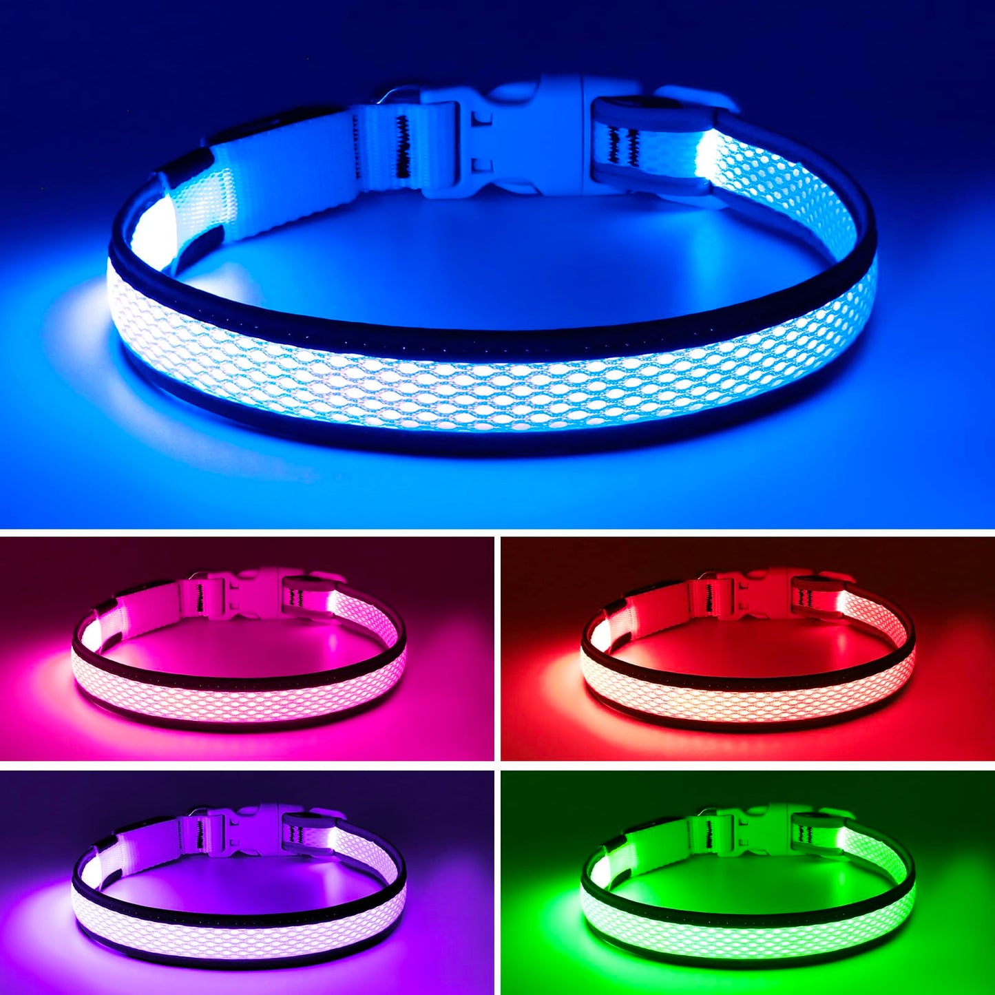 Flashseen LED Dog Collar, Light Up Dog Collar USB Rechargeable, Brightest Dog Lights for Night Walking, Adjustable Dog Collar Light for Dog Safety (Large, Royal Blue)