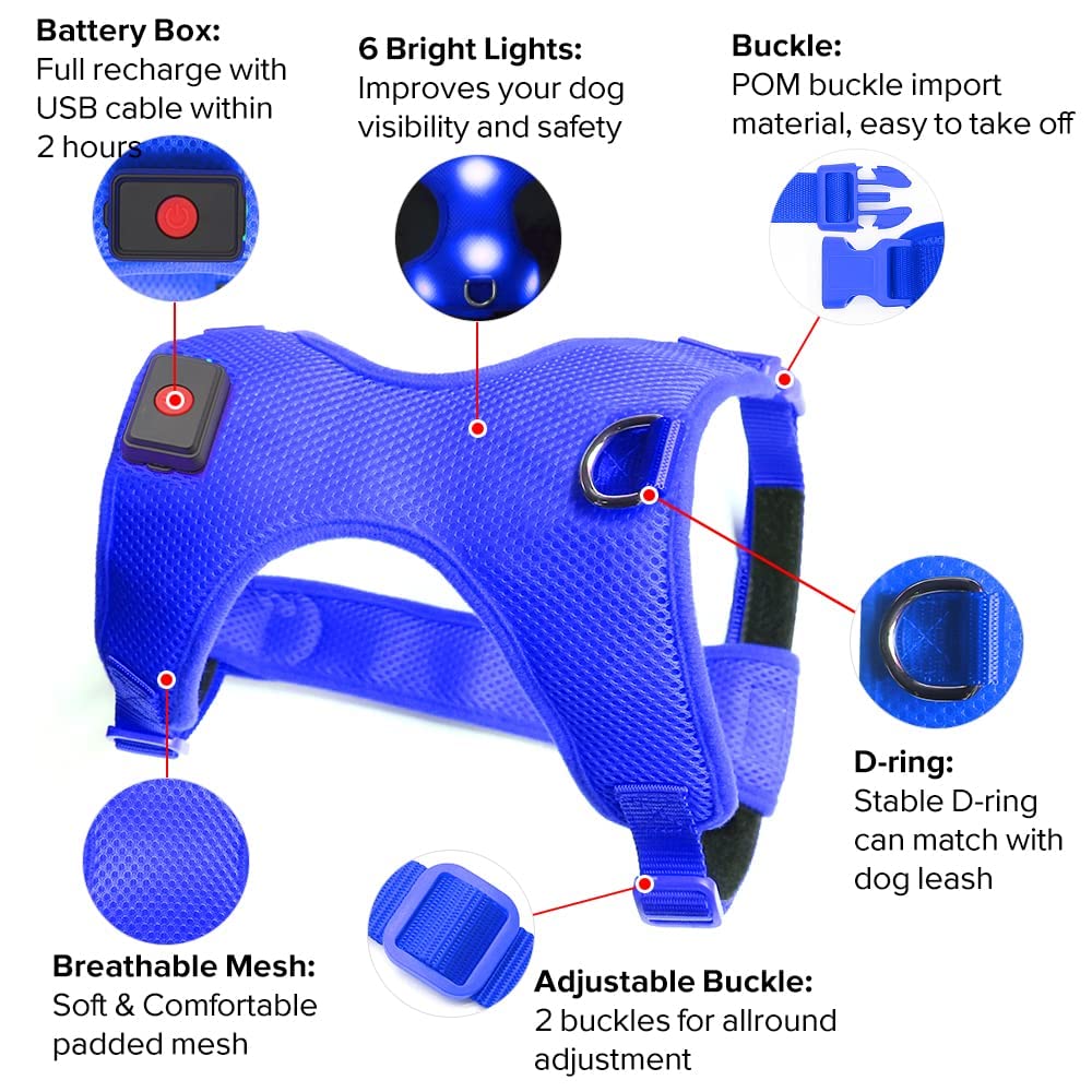 Flashseen LED Dog Harness, Lighted Up USB Rechargeable Pet Harness, Illuminated Reflective Glowing Dog Vest Adjustable Soft Padded No-Pull Suit for Small, Medium, Large Dogs (Blue, L)