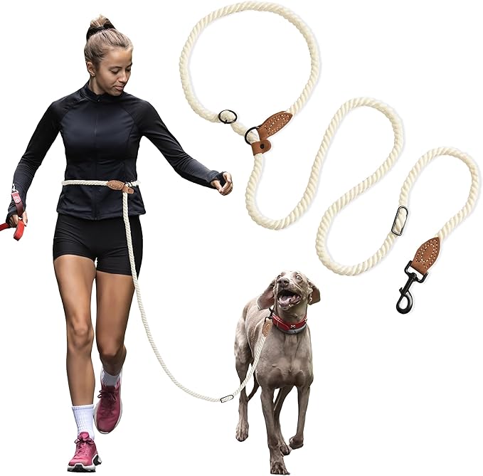 Mile High Life Hands Free Dog Leash, Crossbody Waist Leash with Genuine Leather Connection, Multifunctional Adjustable Slip Lead for Dog Walking Running (Cream, 7FT)