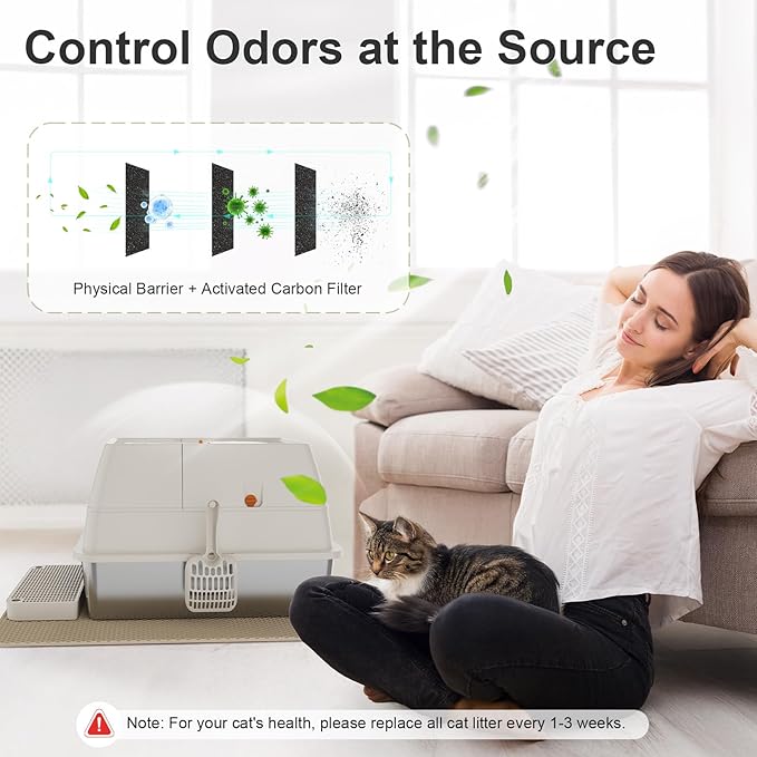 Stainless Steel Cat Litter Box with Lid, XL Extra Large Kitty Litter Box, Enclosed Top Entry Metal Litterbox for Big Cats, Easy Cleaning, Anti-Leakage & High Sided with Mat, Aisle & Scoop, Beige