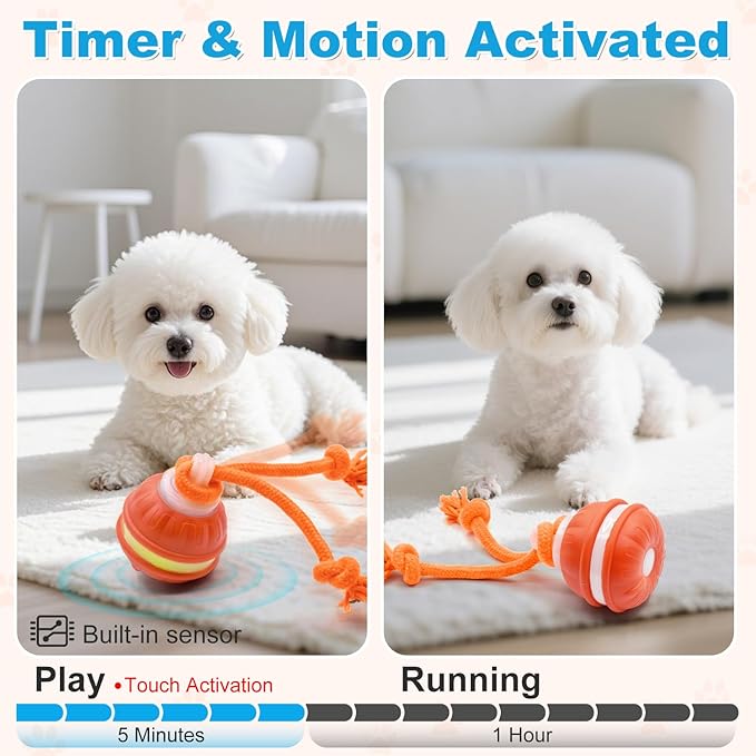 Interactive Dog Ball, Interactive Dog Toys, Moving Dog Ball with Touch Activated for Small Medium/Puppy Dogs, Moving Dog Toys with Rope for Boredom Relief Daily Training, USB Rechargeable