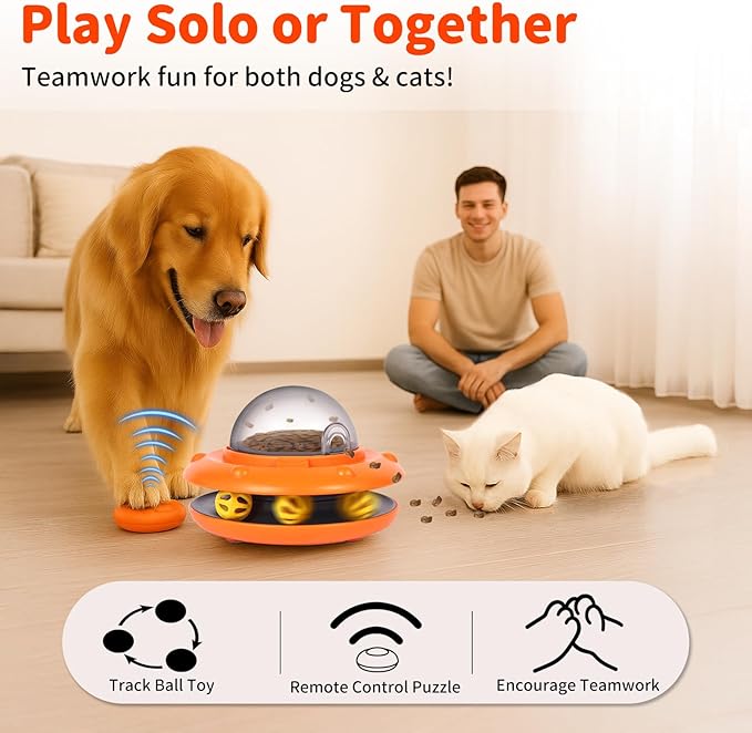 Interactive Dog & Cat Toys - Automatic Treat Puzzle with Remote Control for Cats & Dogs Food Dispensing, Pets Enrichment IQ Training Gift, Rechargeable Electronic Ball Track Toy Slow Feeder