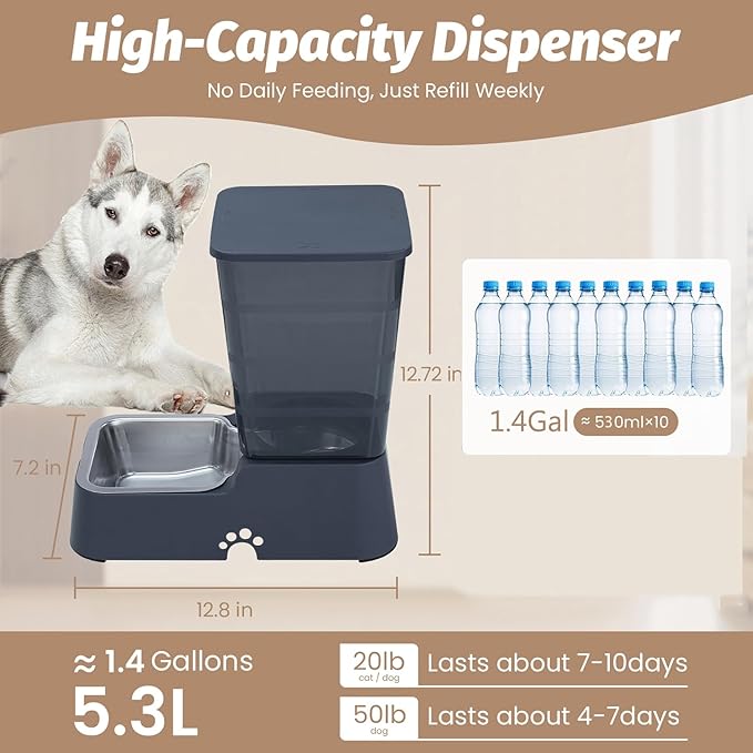 Automatic 5.4L/1.4Gal Pet Waterer, Pet Automatic Dog Water Dispenser Gravity Stainless Steel Water Feeder, Large Capacity Feeding Bowls for Cats and Medium & Large-Sized Dogs