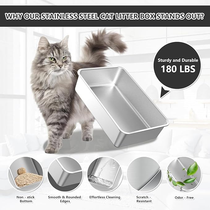 Stainless Steel Cat Litter Box with Lid Extra Large Open-Top Dual Entry Enclosed Metal Pan Tray with High Sides Pedal Scoop Non-Stick Anti-Leakage Easy Cleaning for Big Multi-Cat (Brown)