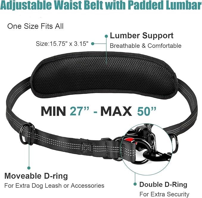 Hands Free Dog Leash with Zipper Pouch for Medium & Large Dogs - Crossbody & Waist Leash for Dog Walking - Bungee with Padded Handles, Reflective Stitches, No Pull, Tangle Free
