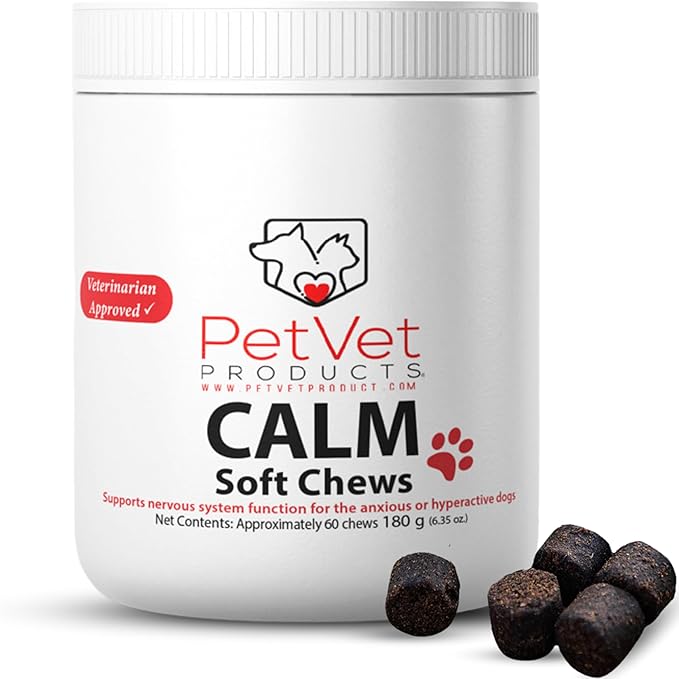 Pet Vet Calming Chews for Dogs – Dog Anxiety Relief (Beef Liver Flavor 60 Chews) – Stress Relief, Supplements for Hyperactive & Anxious Dogs – Dog Anxiety Bites for Relaxation, Pet Care Products