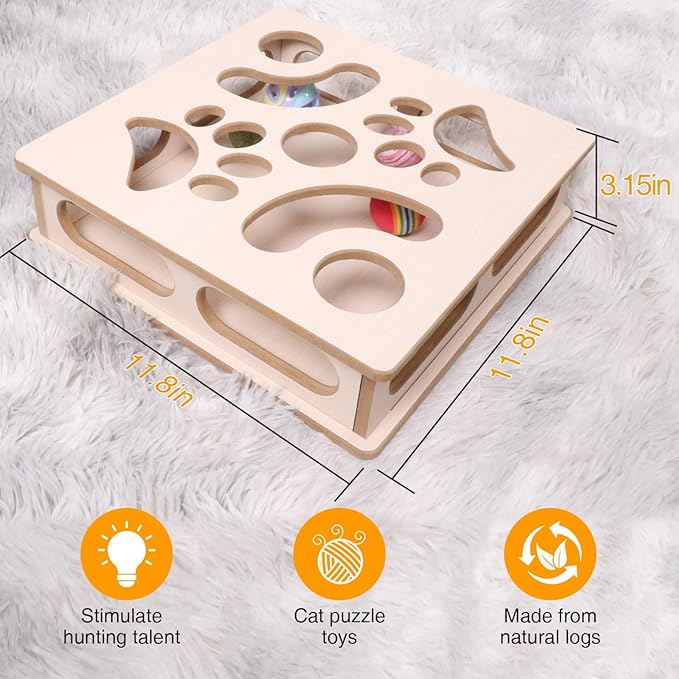 Cat Interactive Box Puzzle Toy with 3 Small Balls and 1 Bell Indoor Hunting Exercise Toy for Kittens Natural Wood Material