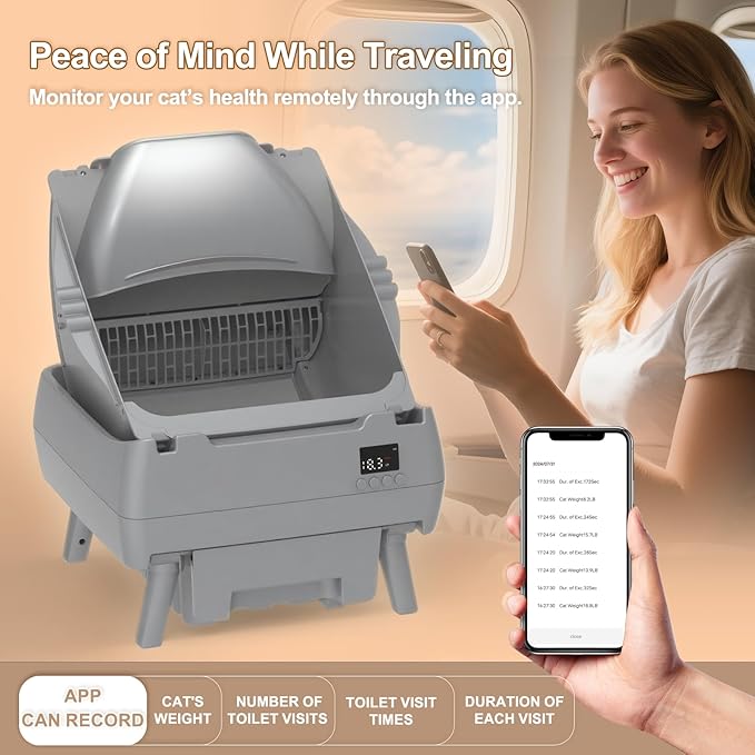 Automatic Cat Litter Box Self Cleaning - APP Control, Open-Style Design, Smart Health Monitor, Suitable for Medium Cats and Kittens, Safe Anti-Pinch, Quiet, A Lifelong Companion - Grey