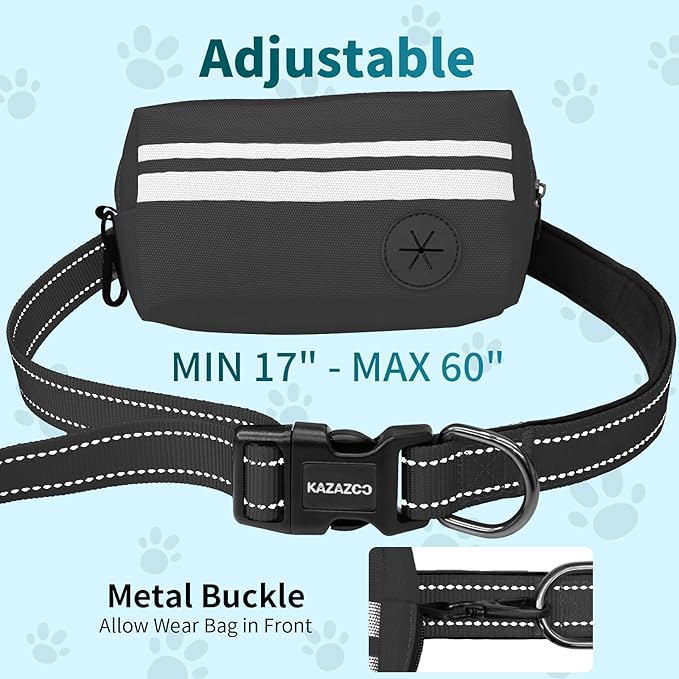 Hands Free Dog Leash with Removable Zipper Pouch, Dual Padded Handles and Durable Bungee for Walking, Jogging and Running-Black