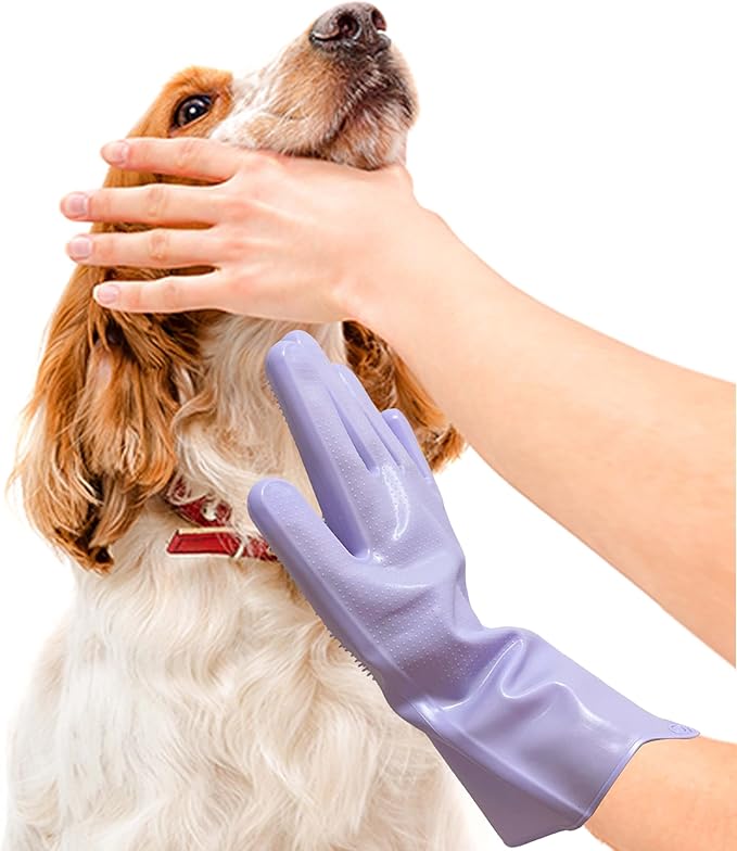 Pet Grooming Gloves,Heat-Resistant Silicone Gloves with High-Density Teeth for Enhanced Massaging and Bathing of Dogs and Cats (Purple, 1 Pair)