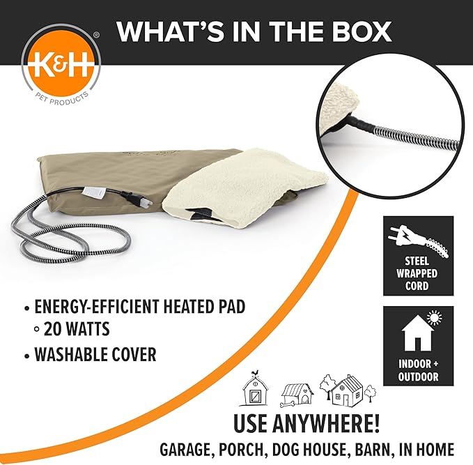 K&H Pet Products Lectro-Soft Orthopedic Outdoor Heated Cat Bed for Outdoor Cat Houses, Safety Listed Automatic Warming Pad, Soft and Flexible, Waterproof, Washable Cover - Small 18 X 14in Tan 20W