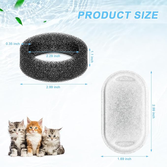 Cat Water Fountain Filter Replacement, 12 Pcs Cat Filters Pet Water Fountain Filters with 12 Pcs Sponges Foam for 67oz/2L & 108oz/3.2L Stainless Steel Automatic Cat Water Fountain Dispenser Filters