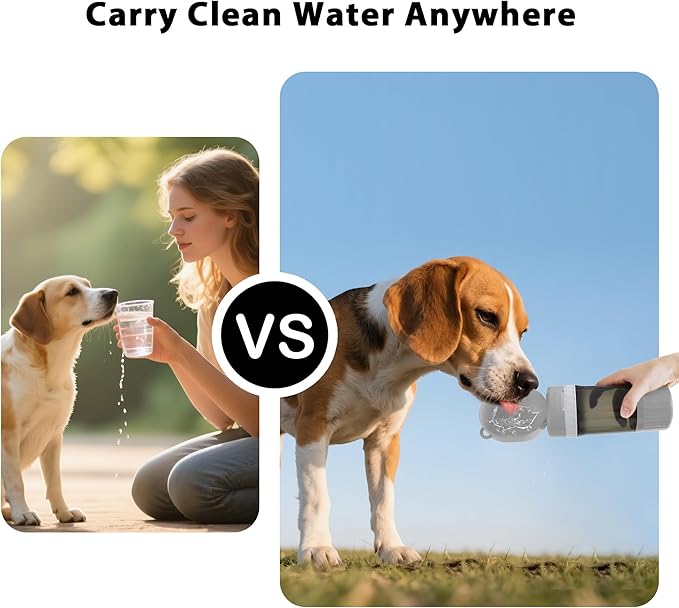 2-in-1 Pet Travel Water Bottle & Food Container - 14 oz Water + 6 oz Food Dispenser, Leak-Proof Portable Dog Water Bottle Bowl for Walking, Hiking, Camping Grey
