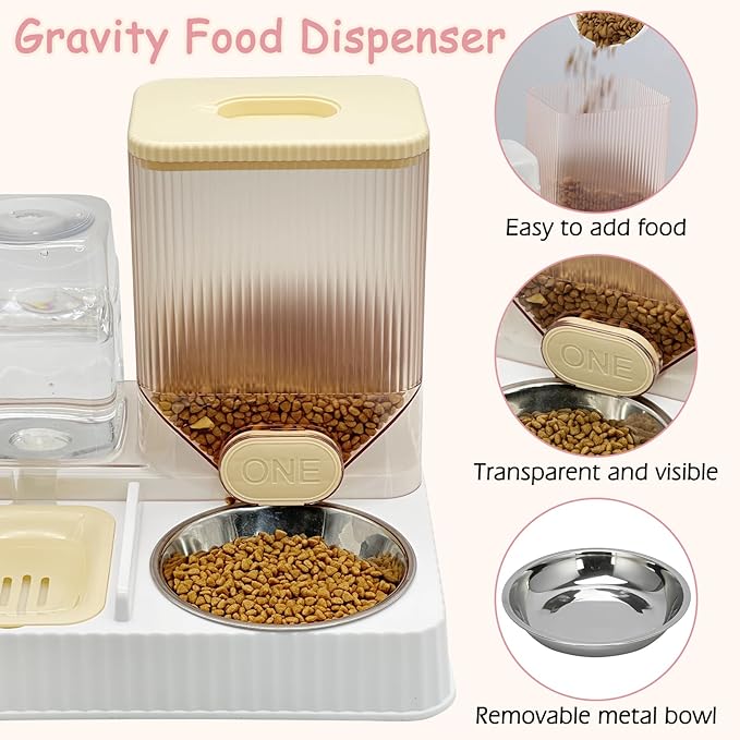 Fhiny Gravity Cat Feeder & Water Dispenser, 2 in 1 Automatic Puppy Waterer Removable Stainless Steel Food Bowls Set Self Feeding Pet Food Storage for Cat Kitten Puppy Easy Clean (Yellow)