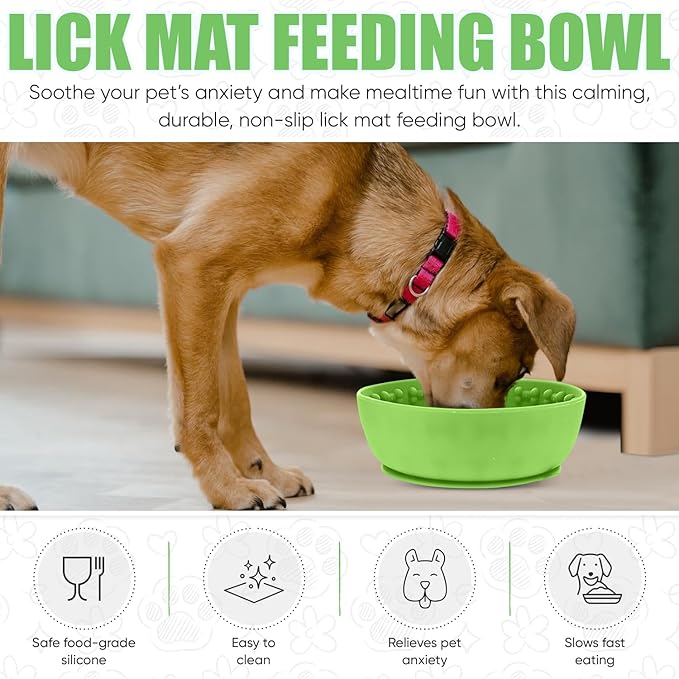 Lick Mat Bowl for Dog–Easy-to-Clean, Non-Slip Design BPA-Free Silicone Lick Mat–Great for Yogurt, or Peanut Butter–Fun Enrichment Slow Feeder & Interactive Dog Toy for Anxiety and Boredom Relief–Green