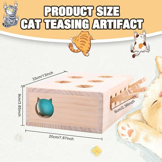 Interactive Wooden Cat Toy, Solid Wood Toys for Indoor Cats Kitten Catch Mice Game, Cat Scratcher and Toy, Cat Interactive Toys, Cat Toy for All Ages Cats