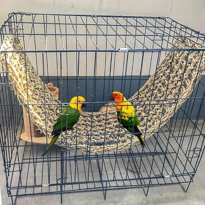 2Pcs Bird Seagrass Mat 30 × 7" Natural Grass Woven Net Hammock with Hooks Climbing Rope Ladder Chew Toys Hanging on Parrot Cage for Lovebird Pigeon Cockatiel Conure Budgie Cockatoo