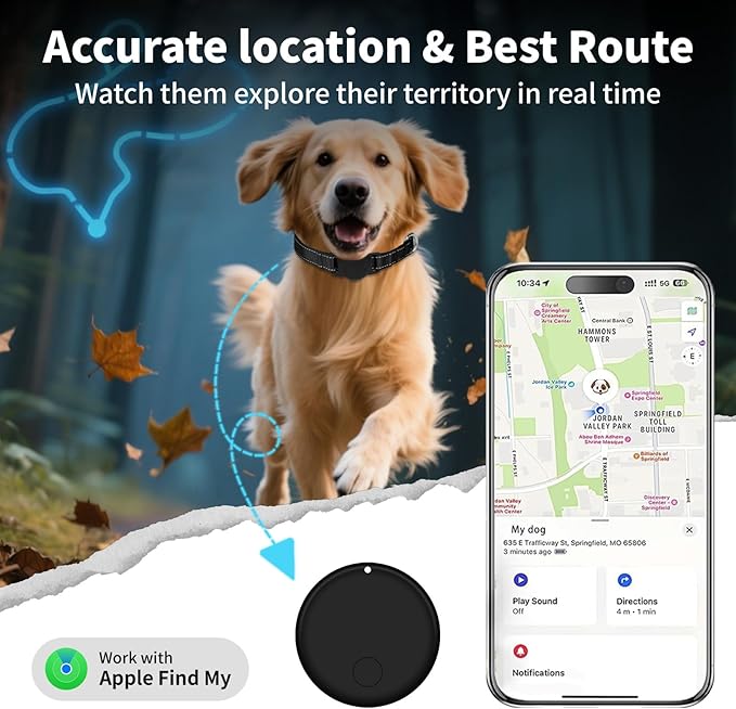 GPS Tracker for Dogs (1 Pack), Mini GPS Cat Tracker, Smart Pet Activity Tracker (iOS Only), No Monthly Fee, Compatible with Apple Find My, Anti-Lost, Finder Tag for Vehicles/Pets/Kids/Items