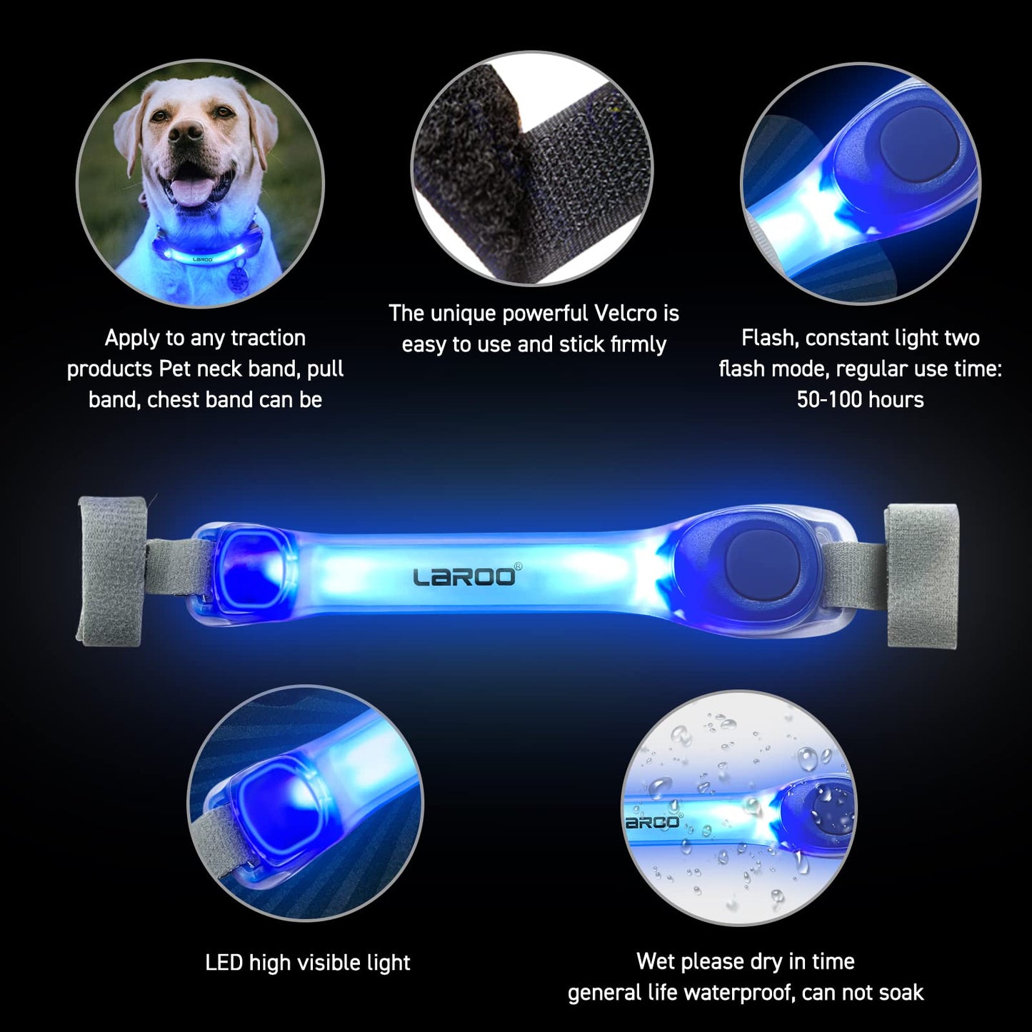 LaRoo Light Up Dog Collar with Nylon Stickers, Universal Glowing Collar Accessories for Leash Harness, Silicone Waterproof Dog LED Flashing Collar Night Outdoor Safety