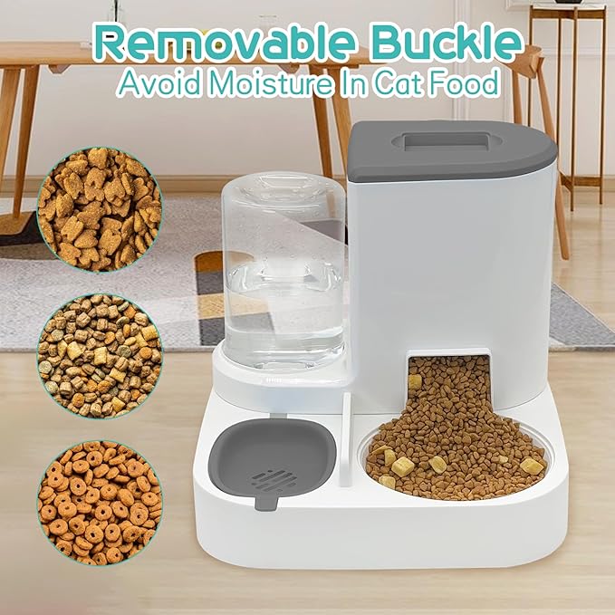 Fhiny Gravity Cat Feeder and Water Dispenser, 2 in 1 Automatic Pet Waterer Detachable Stainless Steel Food Bowls Set Pet Food Storage for Small Dog Puppy Cat Kitten Pet Easy Clean (Grey)