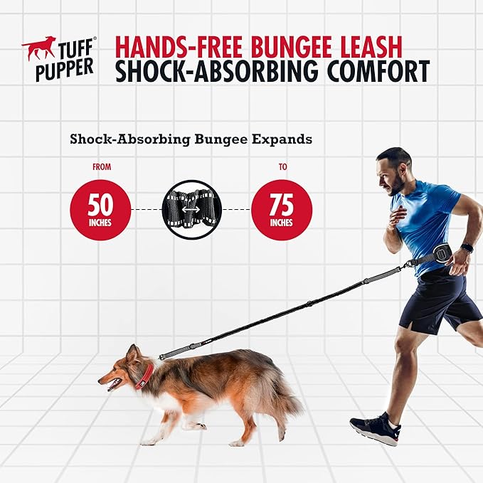 Tuff Pupper Heavy Duty Hands Free Dog Leash | One Large Dog Up to 125 lbs | Comfortable Shock Absorbing Bungee | Reflective Padded Handles | Lumbar Waist Belt 24-42" | Walking Jogging Running Leash